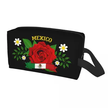 Mexiko Red Rose Cestovné Toaletná Taška pre Ženy Kvetinový Vzor Mexickej Vlajka make-up, Kozmetické Organizátor Krásy Skladovanie Dopp Auta