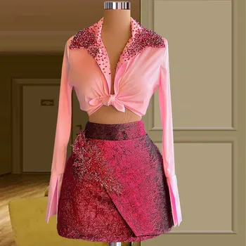 Ružový Koktail Šaty A-line Dlhé Rukávy Krátke Mini Korálkové Dva Kusy návrat domov Haute Couture Šaty