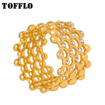 TOFFLO Nehrdzavejúcej Ocele, Šperky Honeycomb Tvarované Duté Dizajn Vykladané S Zirkón Pozlátené 18K Gold Ring BSA522