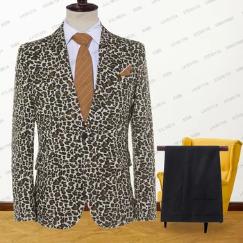 2023 Nové Módne pánske Bežné Boutique Business Leopard Vytlačené Vrchol Klope Svadobné Šaty Ženícha Obleky 2 Kusy Nastaviť（Bunda+Nohavice）