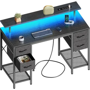 47-Palcový Počítač, Stôl so 4 Zásuvkami, Herný Stôl s LED Svetlo & elektrických Zásuviek, Home Office Stôl s Veľké Skladovacie Priestoru