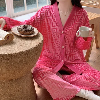 Velour Teplé Sleepwear Ružová Pyžamá 2ks Sexy Žakárové Tričko a nohavice Odev Pijama Mujer Plavky Ženy Bežné Domáce Oblečenie