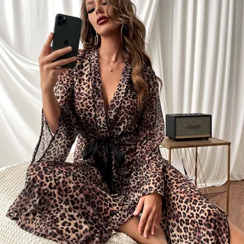 Dlho Leopard Župan Voľné Kimono Satin Peignoirs Ženy Nightdress Sexy Homedress Šaty Sleepwear Lete Nové Plavky