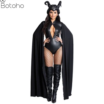 Halloween Čarodejnice Diabol Cosplay Kostým Pre Ženy, Dospelých Čierne Sexy Kožené Kombinézu Horn Pokrývku Hlavy Plášť Nastaviť Karneval Party Oblečenie