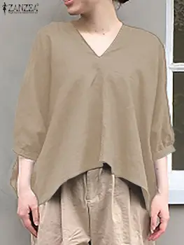 ZANZEA Žena kórejský Módy Blúzky, tvaru 3/4 Rukáv, Topy, Tuniky Femme Nepravidelný Lem Košieľky Lete Príležitostné Voľné Tričko Nadrozmerné