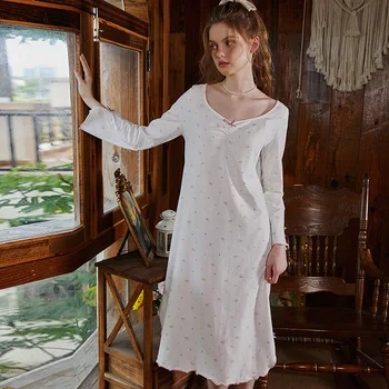 Vintage Voľné Bavlna Nightgown Princezná Sleepwear Odev Žien Lúk Okolo Krku Celý Rukáv Nightdress Tlač Dlhé Nočné Šaty