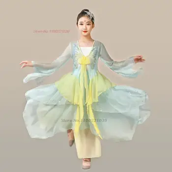 2024 čínske deti hanfu vintage tanečné šaty elegantné ľudový tanec šifón topy+nohavice nastaviť tradičné fáze výkonu šaty