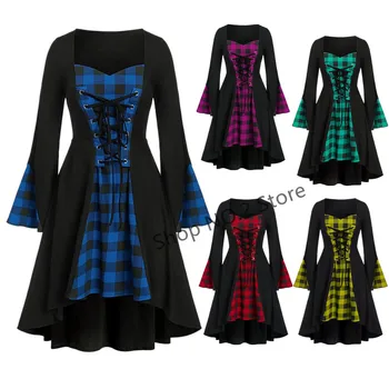Cool Gotické Šaty 5XL Čipky Ženy Patchwork Vestidos Dámske Dlhé Závoje Rukáv Halloween Cosplay Čarodejnice Šaty