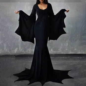 Halloween Čarodejnice Tmavý Kostým Gotický Župan Pre Dospelých Horor Kostým Čarodejnice Morticia Addams Streda Vlak Poschodí Šaty Ženy