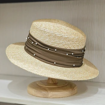 Jar Leto Módne Pearl Dekorácie Jemné Slamené Klobúky Pre Ženy Ležérne Módne Pláž Hat Vintage Čierna Biela Stuha Luxusné Klobúk