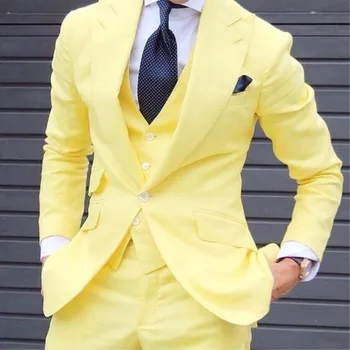 Vlastný Dizajn Žltá Muži Obleky, Svadobné Tuxedos Vynikajúce Ženícha Tuxedos Business Večera Prom Sako 3 Ks Bunda+Nohavice+Vesta+Kravatu