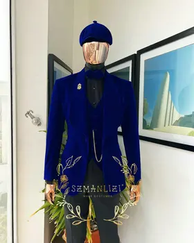 Royal Blue Velvet Muži Obleky pre Svadobné Slim Fit Zákazku Ženícha Smoking 3 Ks Bunda, Nohavice, Vesta Mužskej Módy Kostým 2023