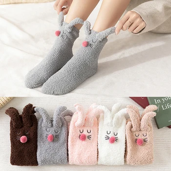 Ženy Zimné Fuzzy Črievičku Ponožky Cartoon 3D Králičie Uši v Teple Spanie pančuchový tovar Žena Poschodí Ponožky Domov Ponožky