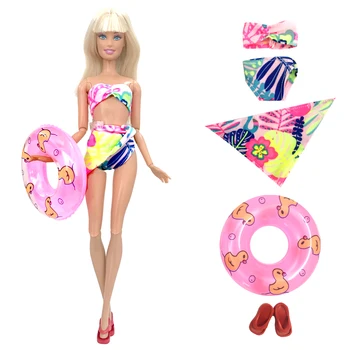 NK 1 Sada Bábika Plavky, Módne Šaty Pláž Nosiť Bikiny, Plavky + Náhodný Plávať Krúžok + Papuče pre Bábiku Barbie Príslušenstvo