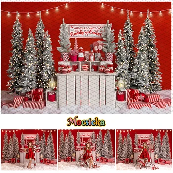 Mocsicka Vianoce Candy Shop Kulisu Pre Deti Portrét Dovolenku Strany Fotografovanie Červená Stena Vianočný Strom Decor Dodávky Rekvizity